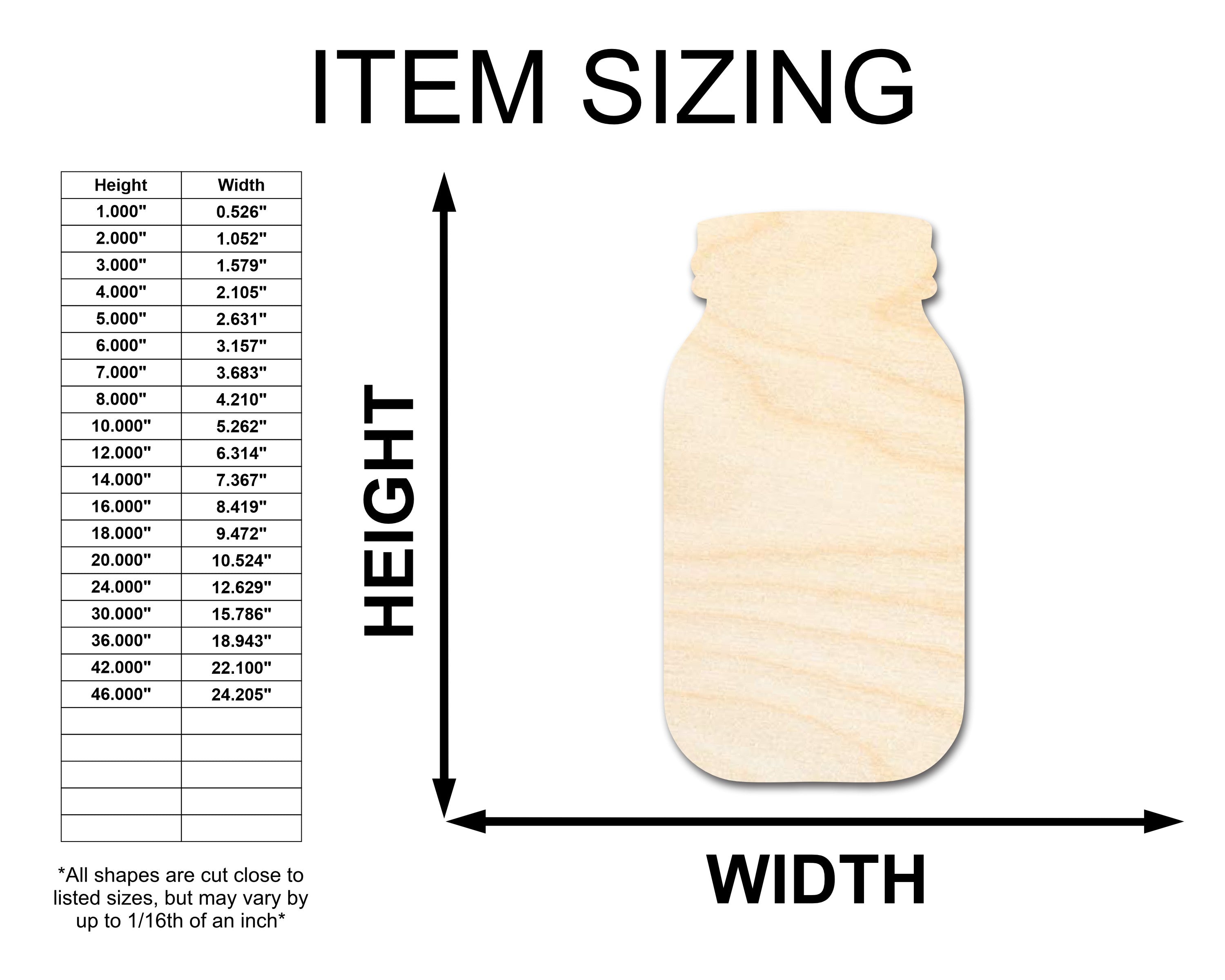 Unfinished Wood Mason Jar Shape - Rustic Country Craft - up to 46" DIY