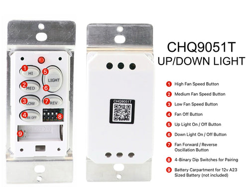 Anderic CHQ9051T Wireless Wall Switch Ceiling Fan Remote Control for 3-Speed Fans with Up & Down Light and Reverse Keys