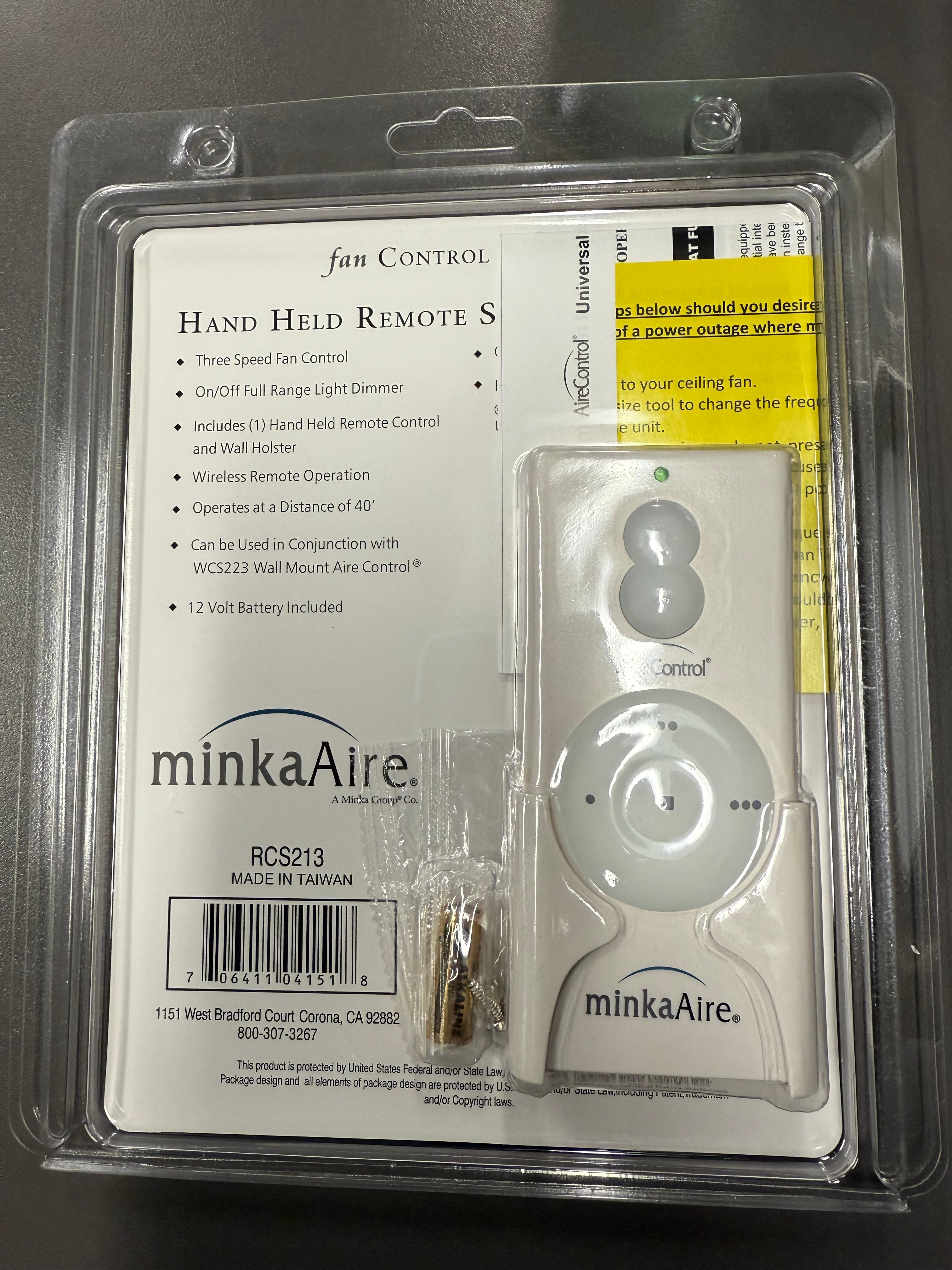 Minka-Aire 3-Speed 256 Bit Handheld Ceiling Fan Remote Control - White - RCS213, TR110A, KUJCE10007