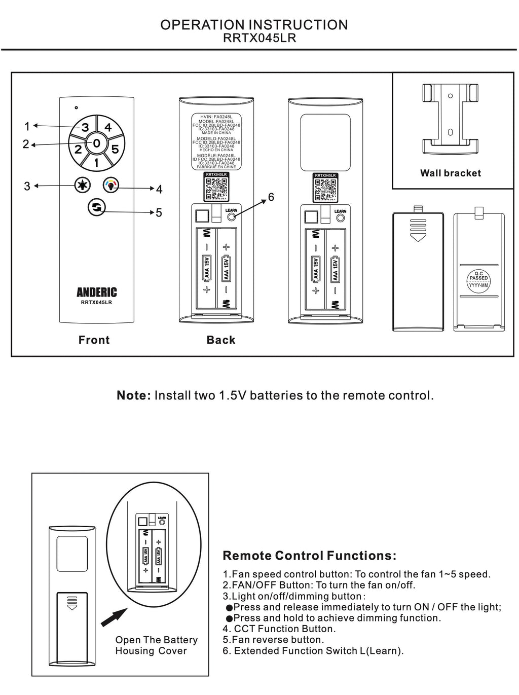 Anderic RRTX045LR Replacement Ceiling Fan Remote Control for Home Decorators Collection A25-TX045-LR