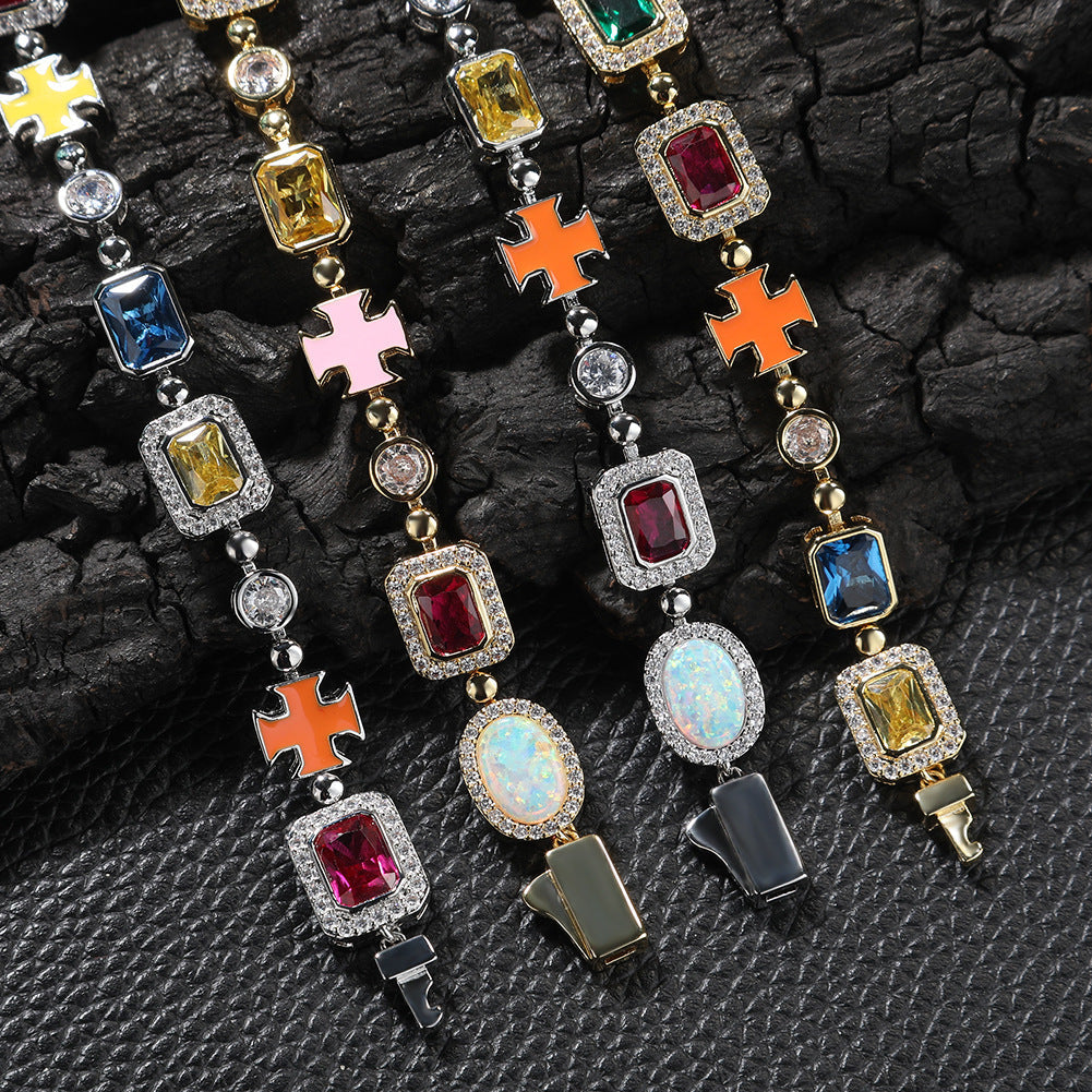 Hip-hop diamond multi-colored gemstone necklace