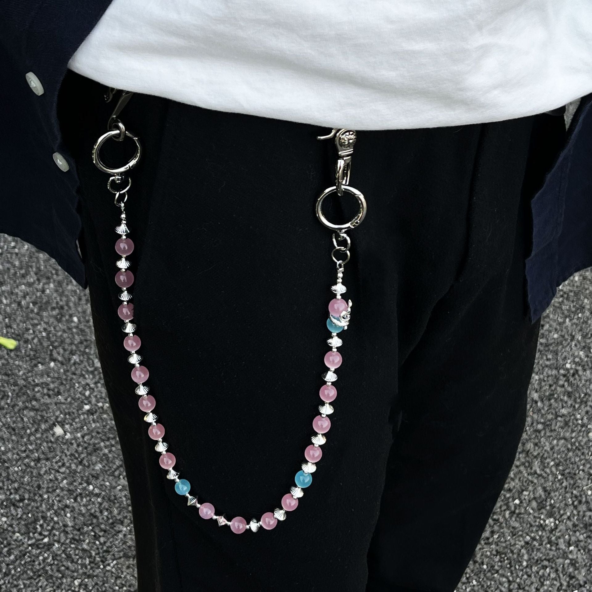 red and blue cat's eye stone chain