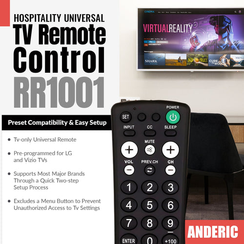 Anderic RR1001 1-Device Universal TV Remote Control with Large Keys for Hospitality