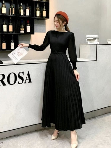 O-neck Long Sleeve A-line Dress Office Lady  Pleated Maxi Dress