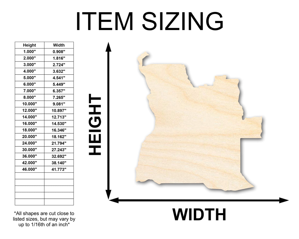 Unfinished Wood Angola Country Shape - Central Africa Craft - up to 46" DIY