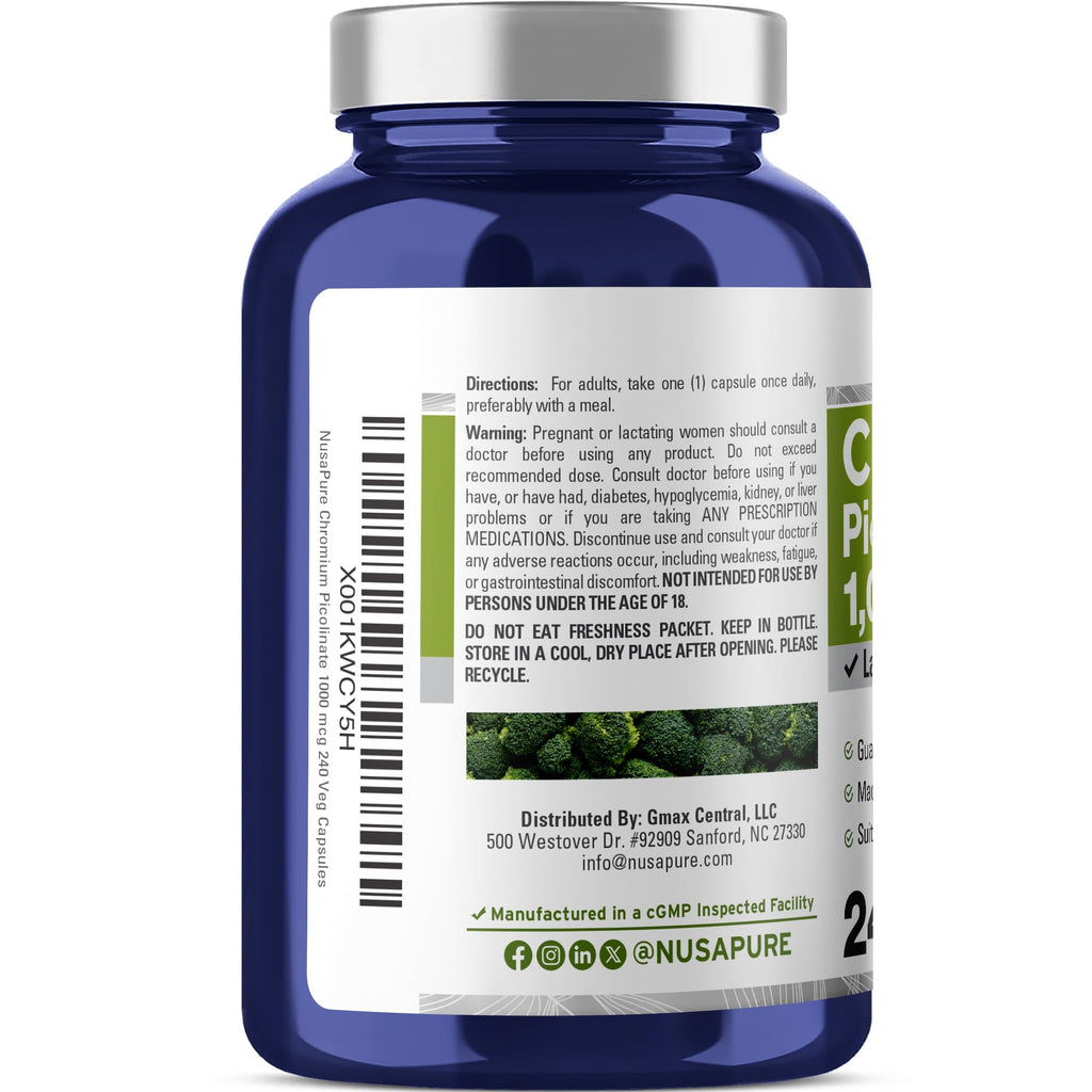 NusaPure Chromium Picolinate 1000mcg 240 Veggie Capsules (Non-GMO, Vegan)