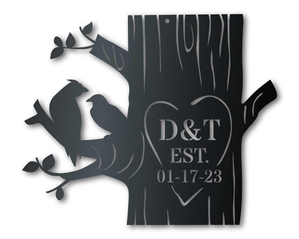 Metal Love Birds Carved Tree Wall Art - Custom Metal Sign - 14 Color Options